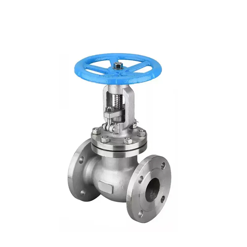 Válvula de globo manual con brida de acero inoxidable, Vista frontal que muestra el volante y la estructura de la carrocería