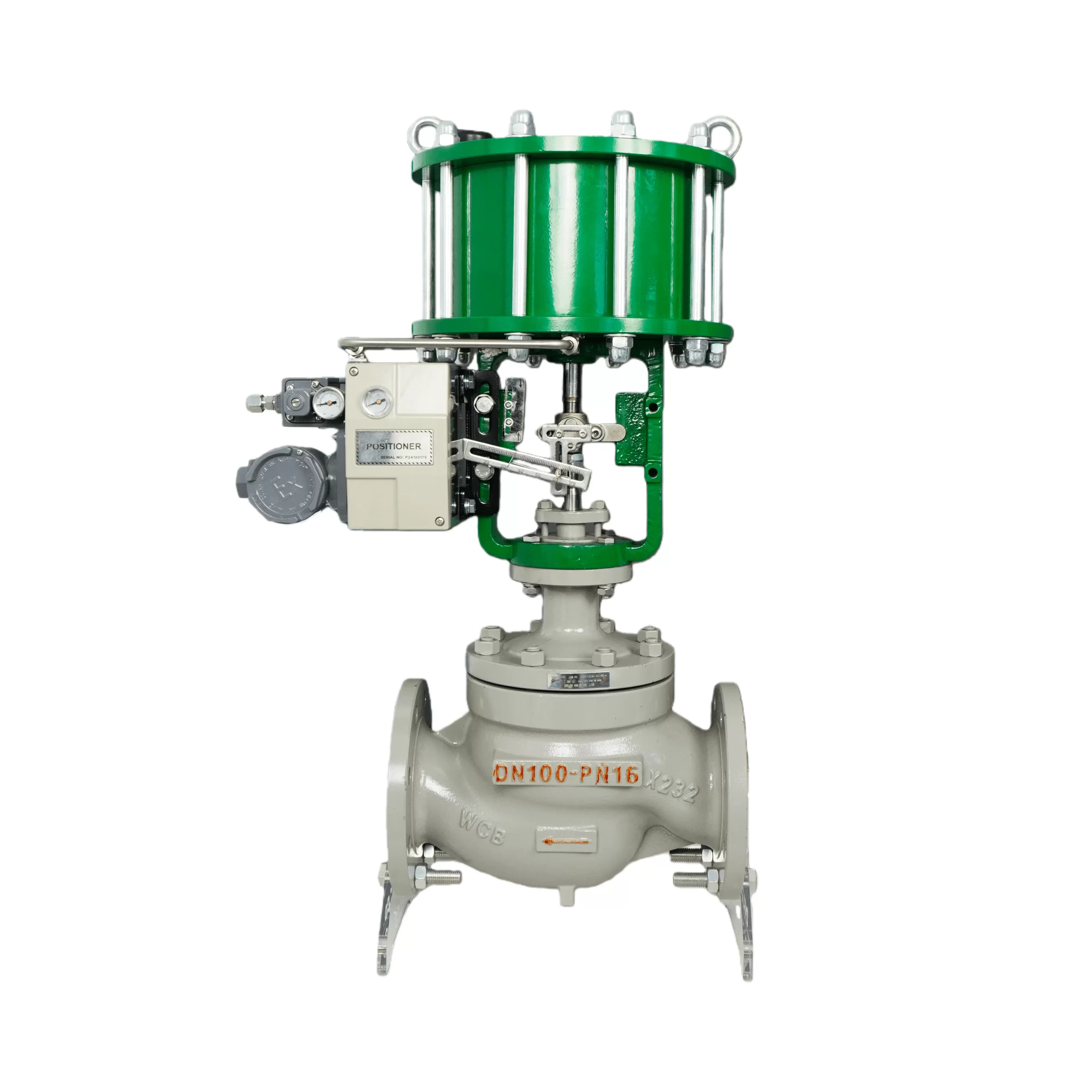 Vista lateral de la válvula de globo de control neumática de doble acción ZJHM con posicionador