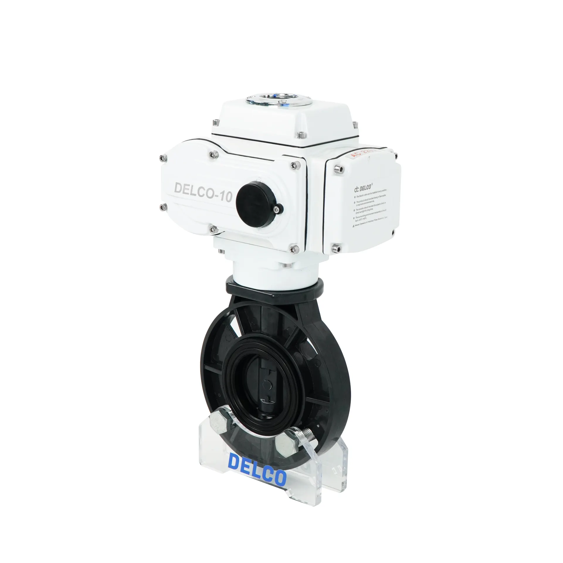 Vista lateral derecha de la válvula mariposa eléctrica UPVC DK56-PB mostrando la conexión del actuador y detalles del cuerpo de la válvula.