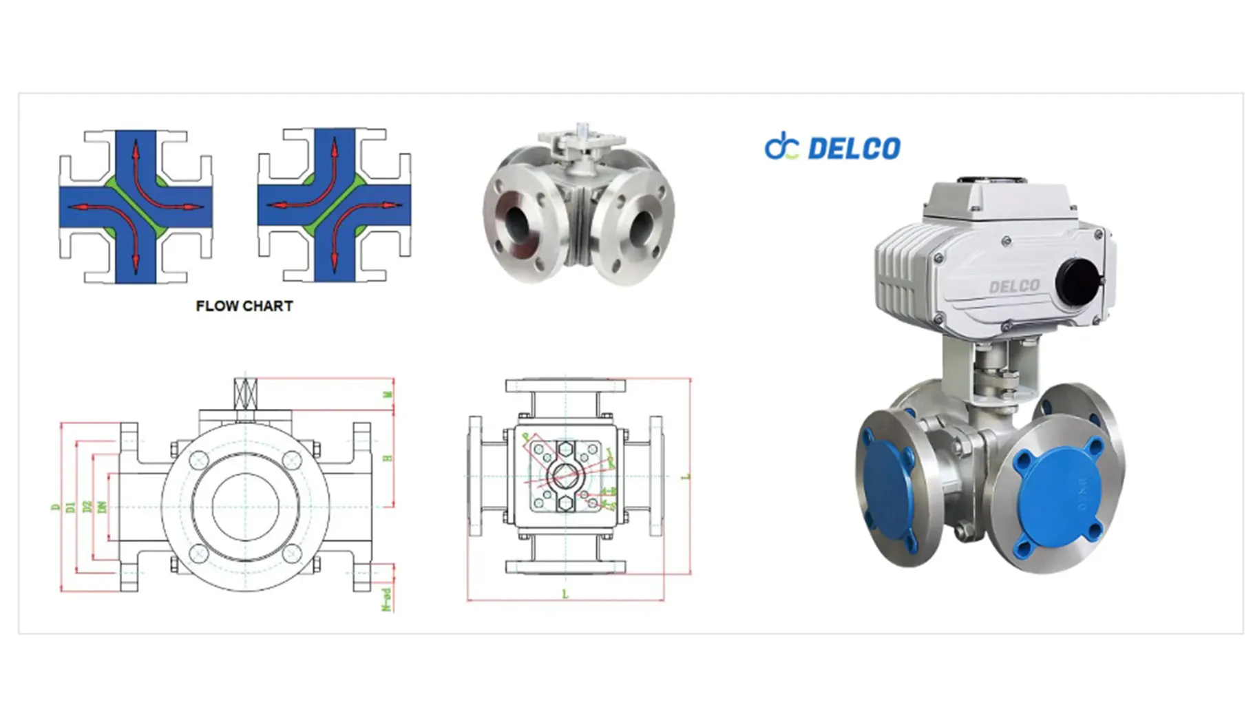 Válvula de bola eléctrica de brida de cuatro vías y trefilado.